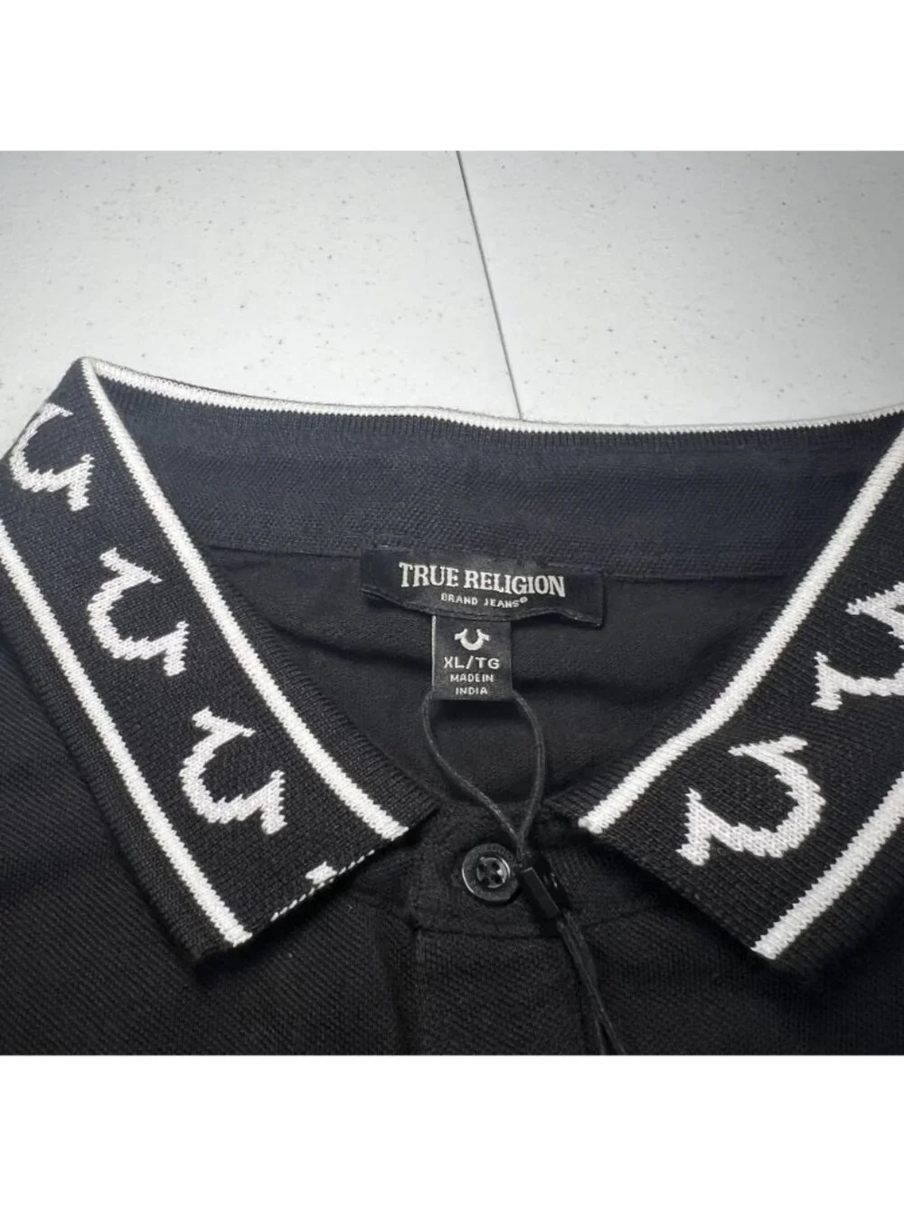 True Religion Mens Black Branded Collar Polo Shirt Short Sleeve Size XL NWT